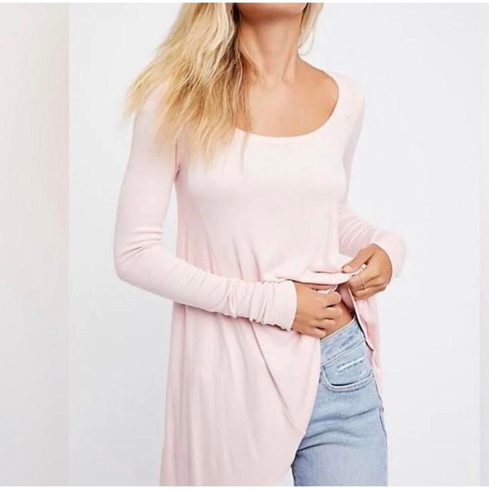 Free People Vintage Baby Pink Longsleeve High Low Blouse Boho Size S